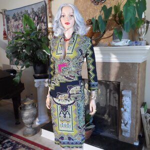 Etro Multi-Color Paisley Print V-Neck Sheath Dress w/ Ruching Detail Size 44/10
